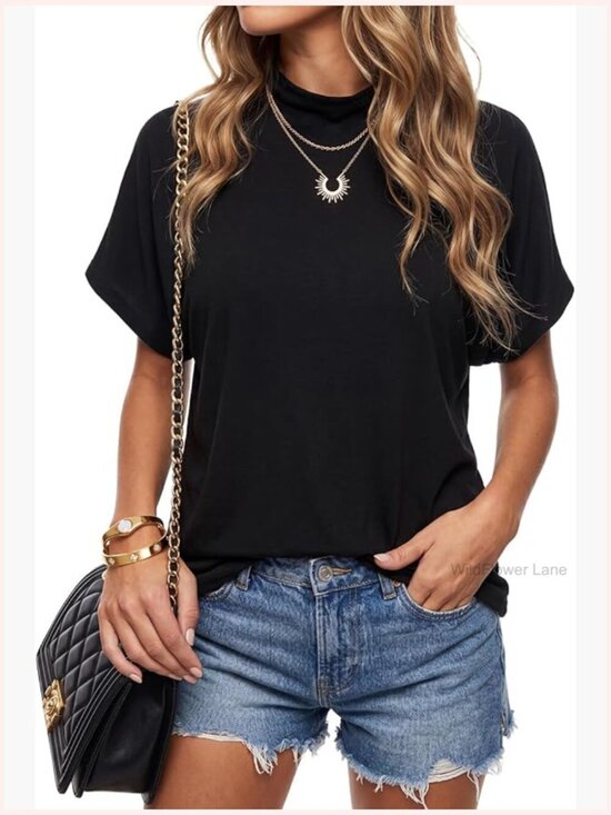 Tops - High Mock Neck Batwing Short Sleeve Blouse Asymmetric Hem Casual Top